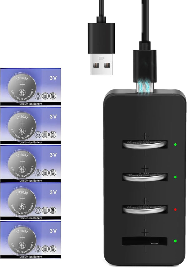 volkate 2032 CR2032 Rechargeable Battery with Charger, 5 Pack LF2032 Lithium 3V Coin