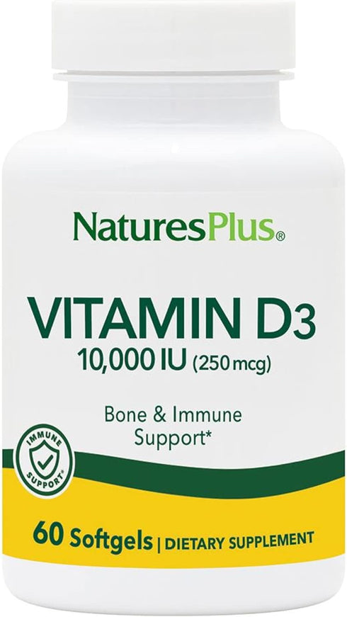 NaturesPlus Vitamin D3 (Cholecalciferol) | 10,000 iu, 60 Softgels | Maximum Potency for Healthy Bones & Teeth