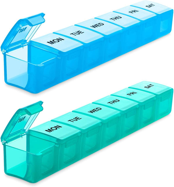 BUG HULL Weekly Pill Organizer - Large 2 Packs, Extra Large Travel Pill Organizers, 7 Day Pill Box (Blue+Green)