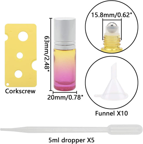 JIUWU 10pcs Yellow-Rose Gradient Glass Roller-on Bottles, 5ml with Stainless Steel Balls