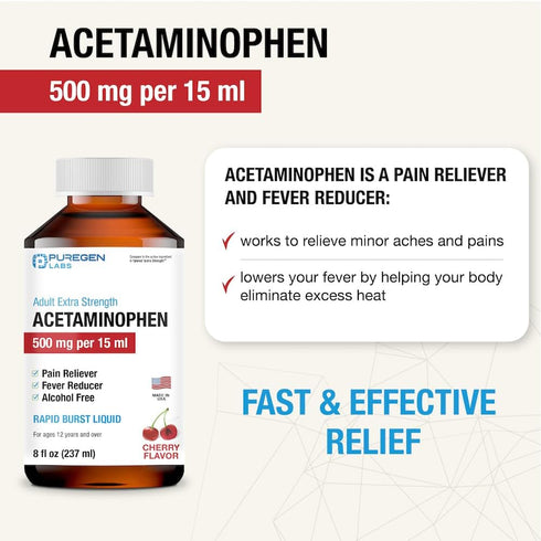 Puregen Labs Adult Extra Strength Acetaminophen Liquid 500mg/15ml - 8 fl oz Pain Reliever/Fever Reducer, Cherry Flavor
