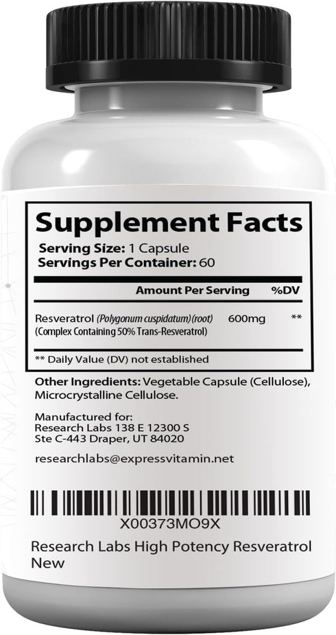 Research Labs 2X Potency Micronized Resveratrol Supplement 1200mg Per 2 Capsules, 120 Total - Potent Antioxidants