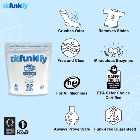 Defunkify Powder Laundry Detergent | Free & Clear Powdered Laundry Soap w/Odor Crushing & Stain Removing Power | EPA Safer Choice - For Activewear & All Laundry - 92 Loads (55 oz)