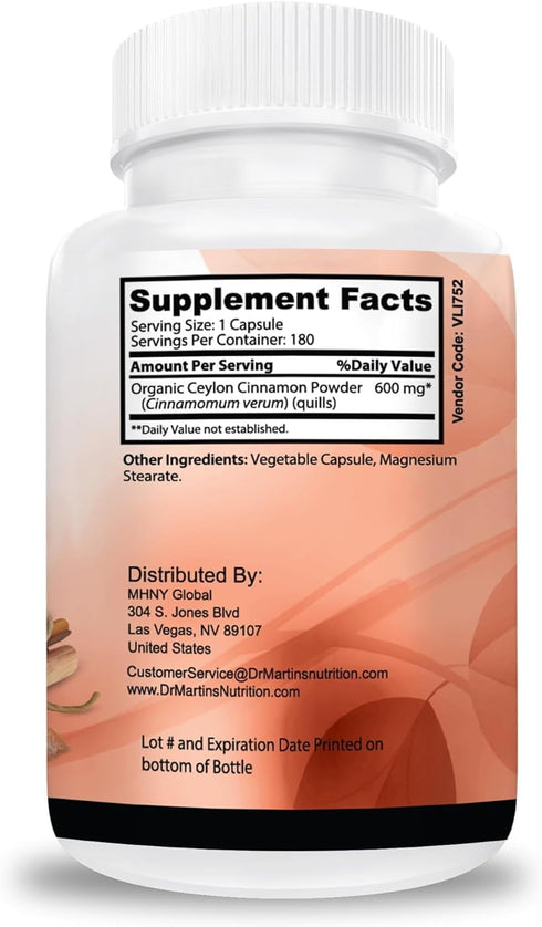 1800mg Organic Ceylon Cinnamon Capsules, 180 Count, Supports Joints, Inflammatory Responses, Antioxidant Health