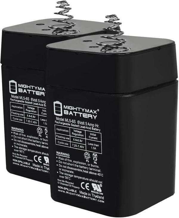 Mighty Max Battery ML5-6S -6 Volt 5 AH, Spring S2 Terminal, Rechargeable - Pack of