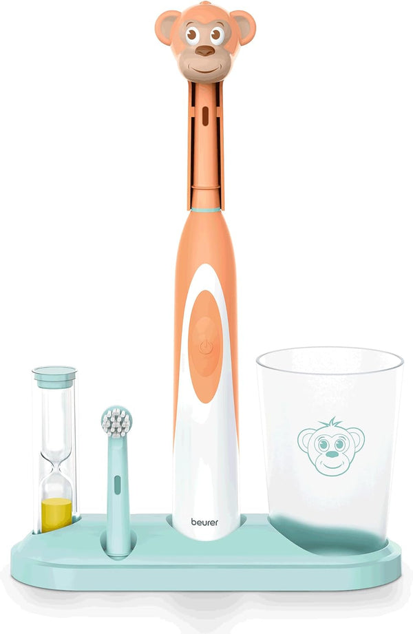 Beurer TB10 Kids Electric Toothbrush Kit - Fun Milo The Monkey Cap, 2 Extra-Soft Brush Heads, 2 Minute Timer