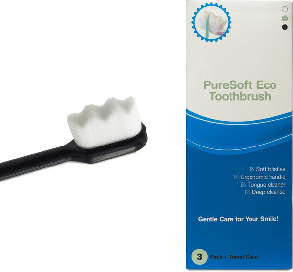 3PCS PureSoft Eco Toothbrush, 20000 Ultra Soft Micro Nano Bristles, BPA-Free, Lightweight with Travel Case for
