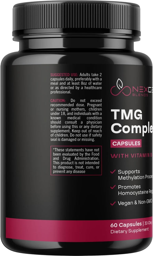 TMG Trimethylglycine Supplement 500mg with Methyl B Complex, Vegan & Non-GMO for Heart & Liver Support, 1 Month