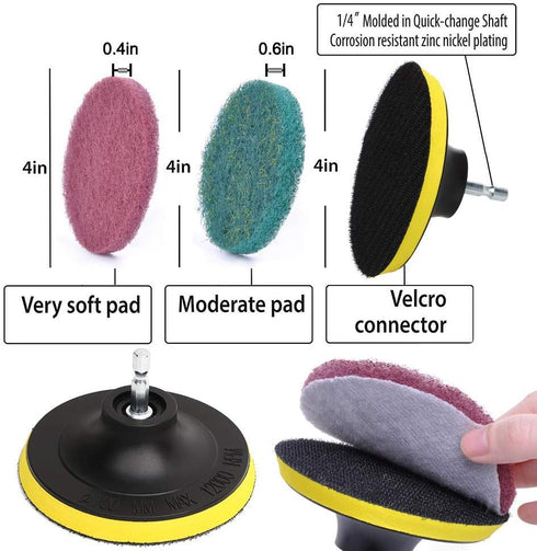 DUOSHIDA 4 Inch Drill Powered Brush Tile Scrubber Cleaning Kit, 2 Different Stiffness, 4-Inch Disc Pad Holder with 6