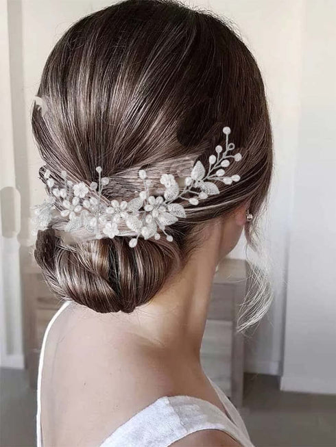 Yean Pearl Wedding Headband, Silver Flower Bridal Hair Accessories, Leaf Hair Piece for Women and Girls