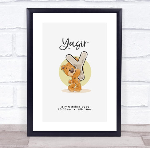 The Card Zoo New Baby Birth Details Christening Nursery Bear Initial Y Keepsake Gift Print