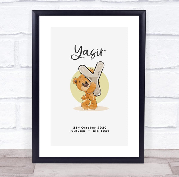 The Card Zoo New Baby Birth Details Christening Nursery Bear Initial Y Keepsake Gift Print