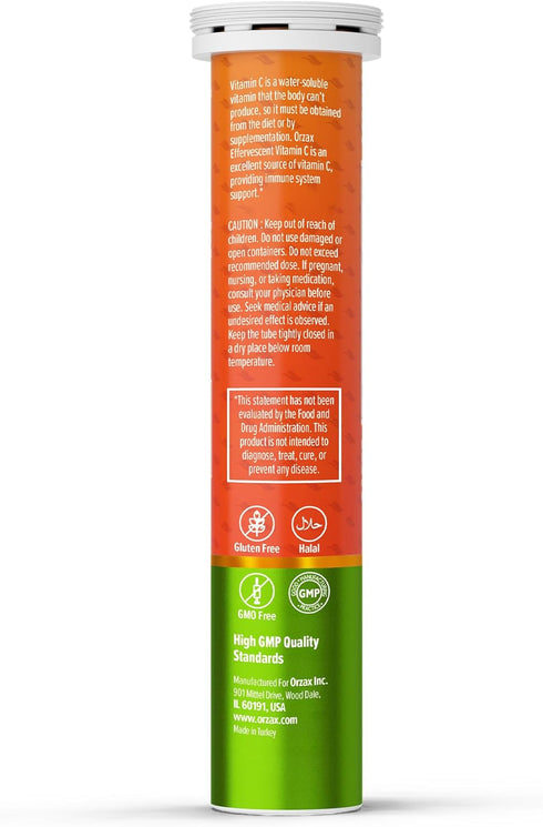 ORZAX Vitamin C 1000mg for Immune Support Supplement - Antioxidant Support - Orange Flavored (20 Effervescent Tablets)