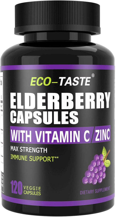 ECO-TASTE Elderberry Capsules with Zinc & Vitamin C - 120 Veggie Caps for Immune & Skin Health