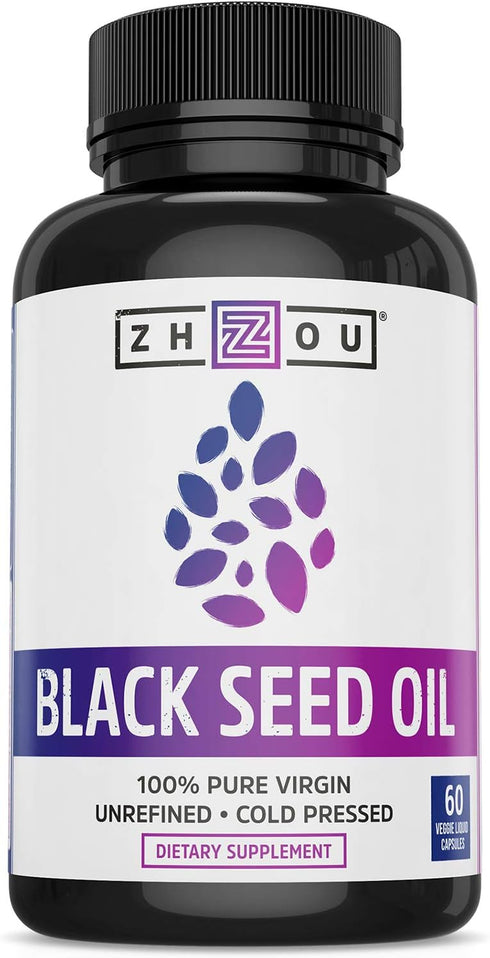 Zhou Nutrition Black Seed Oil Capsules, 100% Virgin, Cold Pressed, 60 Caps | Omega 3 6 9, Super Antioxidant