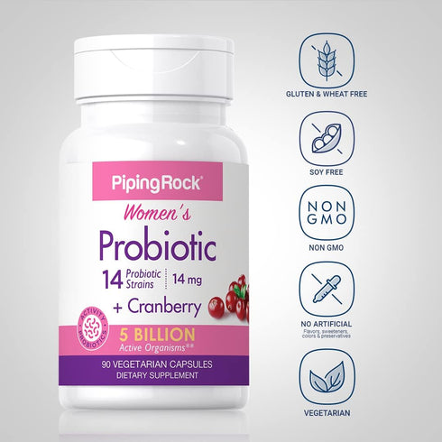 Piping Rock Probiotic with Cranberry for Women | 90 Capsules | 14 Probiotic Strains | Vegetarian, Non-GMO, Gluten Free