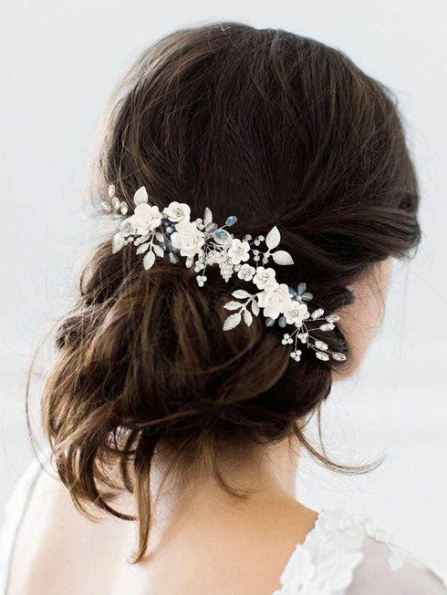 Unicra Flower Silver Bride Wedding Hair Vine - Pearl Bridal Hair Piece with Blue Rhinestone
