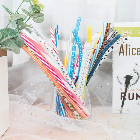 50 Pack Bent Reusable Straws, BPA-Free, 9" Colorful Hard Plastic Stripe Drinking Straw with Cleaning Brush