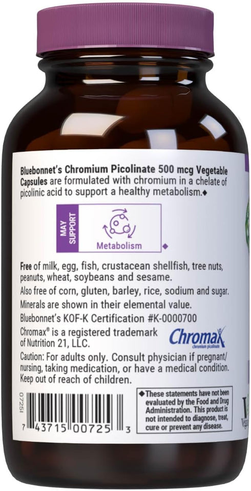 BlueBonnet Nutrition Chromium Picolinate, 500 mcg, 100 Count, Non-GMO, Vegan, Gluten & Dairy Free