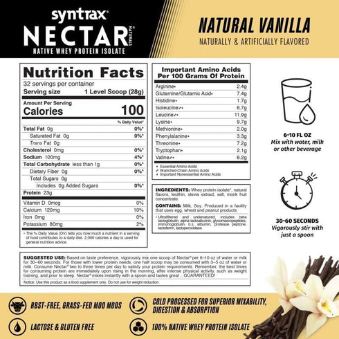 Syntrax Nutrition Nectar Naturals, 100% Whey Isolate Protein Powder, Rich Vanilla Flavor, 2 lbs