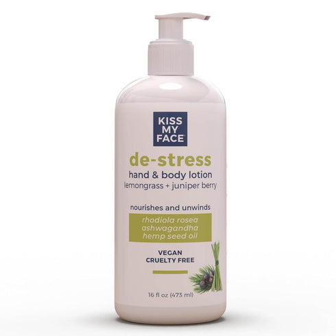 Kiss My Face De-Stress Hand & Body Lotion, Lemongrass + Juniper Berry, Vegan & Cruelty-Free, 16 fl oz Bottle