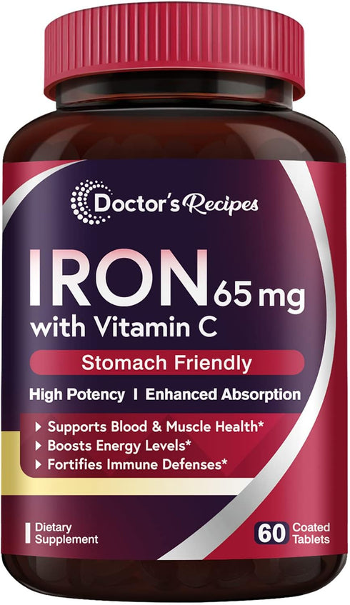 Doctor's Recipes Iron Supplement 65 mg with Vitamin C for Red Blood Cells and Immunity Health