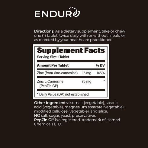 Endur PepZinGI ZINC-CARNOSINE Chewables, Gluten Free, 60 Tablets, Supports Digestive System