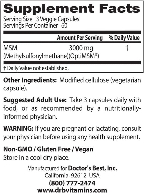 Doctor's Best MSM with OptiMSM, Joint Support, 1000 mg, 180 Veggie Caps, Non-GMO, Gluten Free