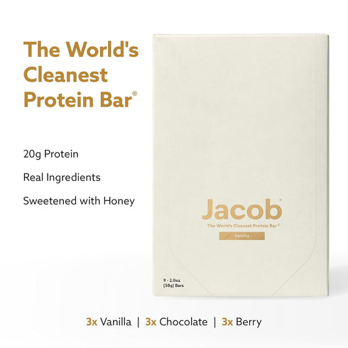 Pack (9 3 20g Jacob Bar, Protein Bars, Variety Bars Total) Contains of Each; Chocolate, Vanilla, Berry - Grass-Fed