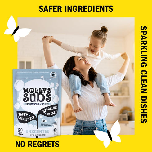 Molly's Suds Dishwasher Pods | Natural Dishwasher Detergent for Sparkling Dishes, Cuts Grease & Rinses Clean | 60