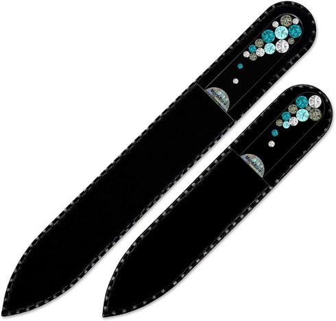 Mont Bleu Set of 2 Glass Nail Files, Hand Decorated with Crystals, Black Velvet Sleeve, Genuine Czech Glass