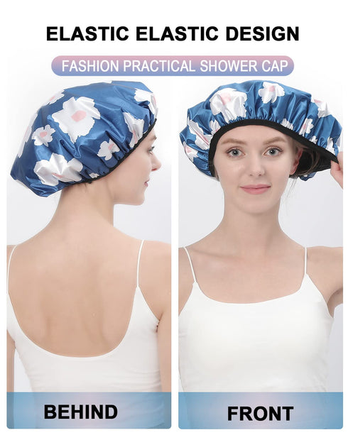 YIZIJIZI Terry Lined Shower Cap, Triple Layer Large Reusable Waterproof Cap for Long Thick Hair, Blue