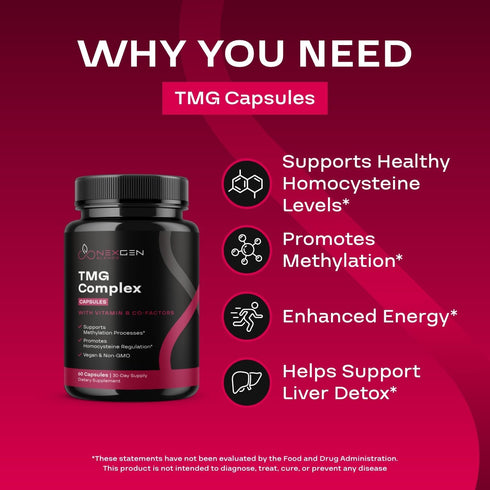 TMG Trimethylglycine Supplement 500mg with Methyl B Complex, Vegan & Non-GMO for Heart & Liver Support, 1 Month