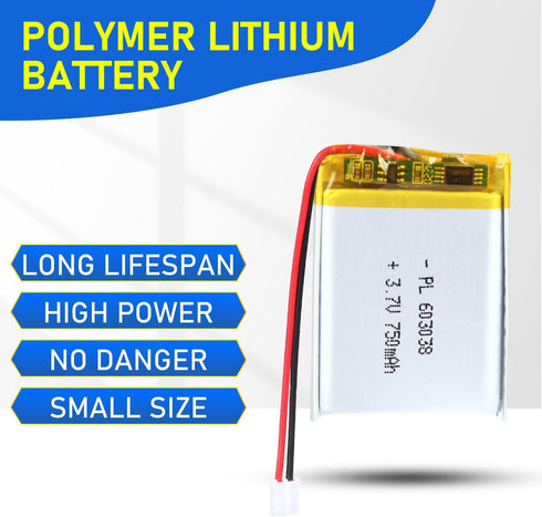 Qimoo 603038 3.7V 750mAh 603038 Pack PH2.0mm Lipo Battery Rechargeable Lithium Polymer Battery with JST Connector