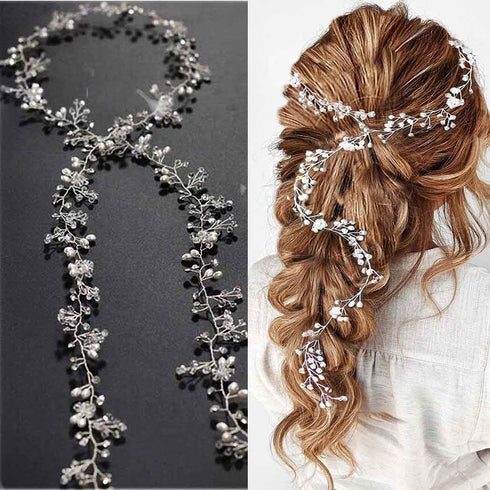Yean Wedding Hair Vine, Long Bridal Headband Hair Accessories for Bride and Bridesmaid, 100cm / 39.3inches, Silver