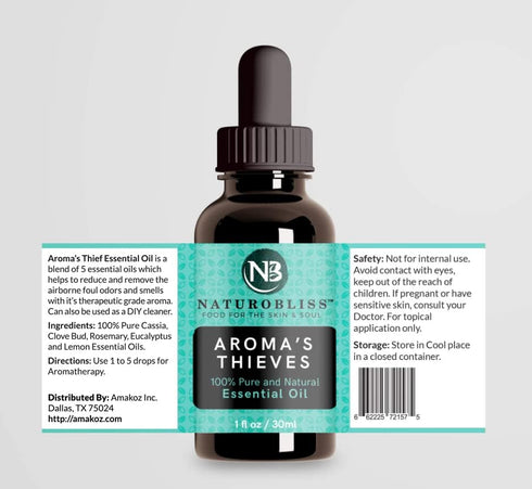 NaturoBliss Aroma's Thief Synergy Blend Essential Oils (Cassia Clove Rosemary Eucalyptus Lemon) - 1 Fl. Oz, 30ml