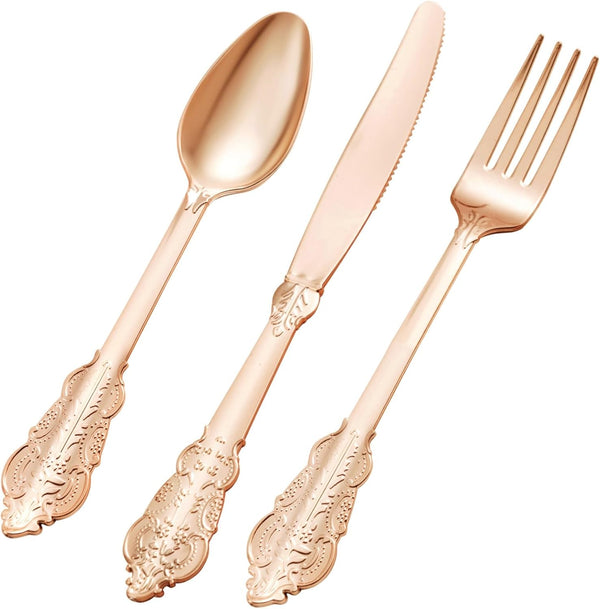 75PCS Rose Gold Plastic Silverware for 25 Guests, Heavy Duty Disposable Utensils Set Includes 25 Forks, 25 Spoons, 25