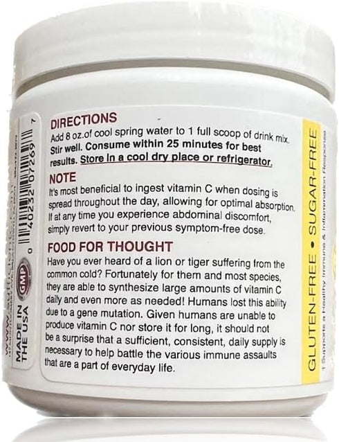 Sufficient-C High Dose Non-GMO Vitamin C Lemon Peach Immune-Ade Drink Mix, 125 Gram Size with L-lysine, Bromelain &