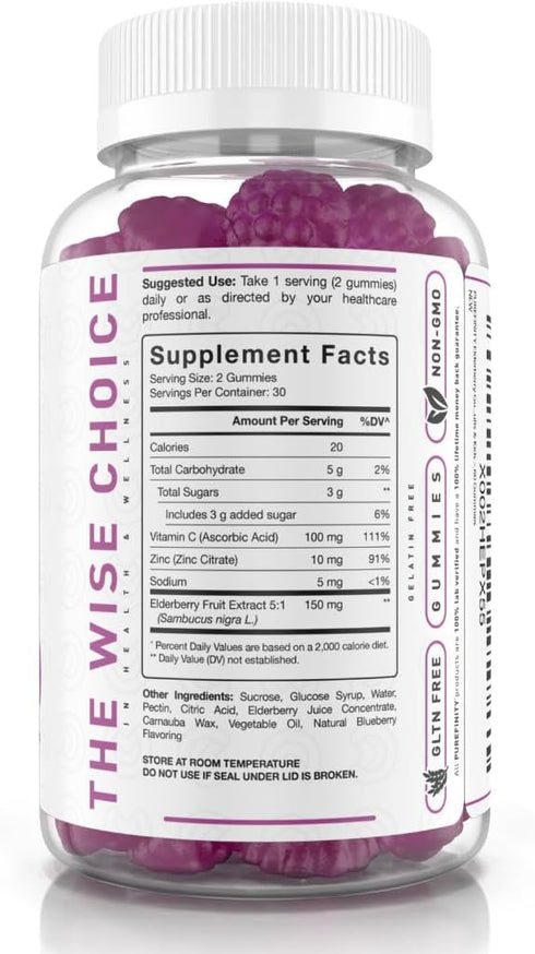 Sambucus Elderberry Vitamin C and Zinc Gummies - 60 Vegan Gummies for Kids & Adults
