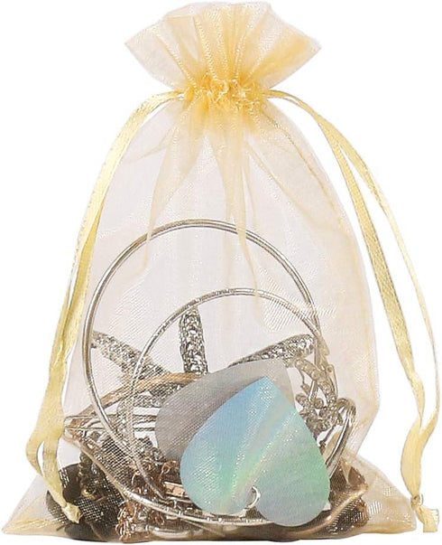 HRX 100pcs Gold Organza Gift Bags, 4 x 6 inch Candy Mesh Drawstring Favor Pouches for Wedding Christmas Party