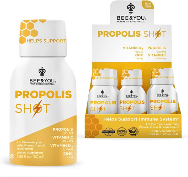 BEE and You Immune Support Propolis Shot Supplement, 12 Bottles with Antioxidants and Vitamin C