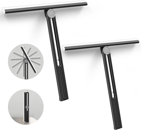Shower Squeegee 2 Packs, 360° Rotating Black Silicone Scraper for Glass Doors, Tile, Countertop Cleaning