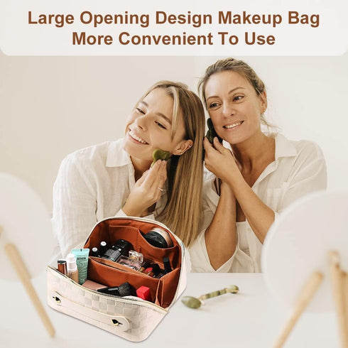Large Capacity Travel Cosmetic Bag, Plaid Checkered Makeup Bag, Portable Leather Waterproof Skincare Bag