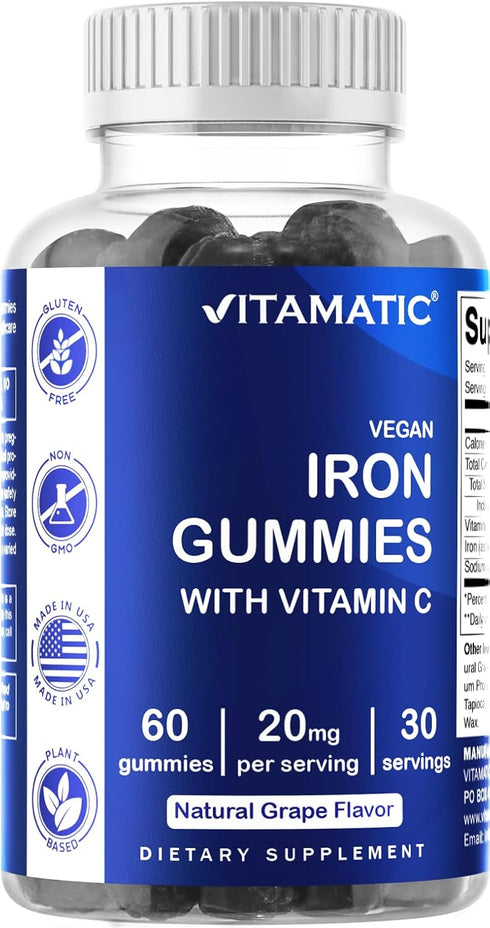 Vitamatic Iron Gummies Supplement - 60 Vegan Gummies for Women & Men, 20mg Serving with Vitamin C