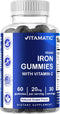 Vitamatic Iron Gummies Supplement - 60 Vegan Gummies for Women & Men, 20mg Serving with Vitamin C