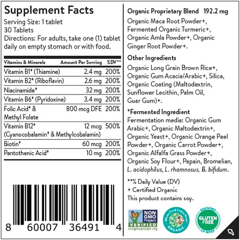 Movita Fermented Vitamin B-Complex, Organic, Vegan-Friendly, Gluten-Free & Non-GMO - Monthly Supply Pouch
