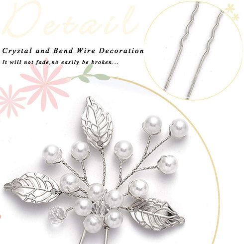 Heread Pearl Bridal Hair Pins Pack of 3 | Leaf Head Piece Flower Hair Accessories for Women and Girls (Silver)
