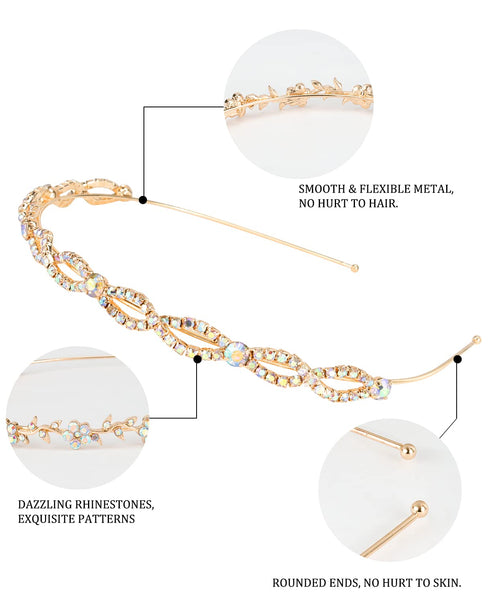 Wecoe 4 Pack AB Rhinestone Headbands, Gold Metal Headbands, Flower Girl Bridal Wedding Headband