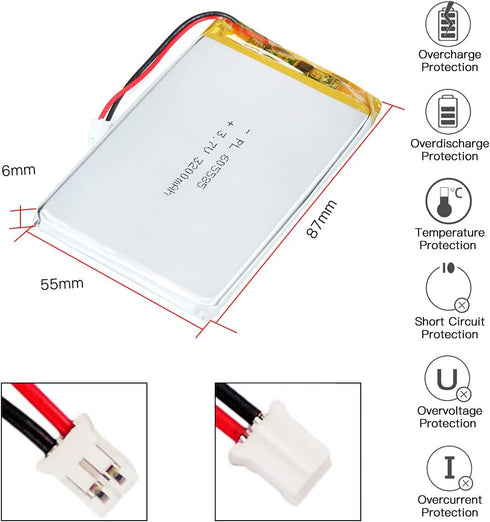 3.7V 3200mAh 605585 Lithium Polymer Ion Rechargeable Battery with 2P PH 2.0mm Pitch Connector
