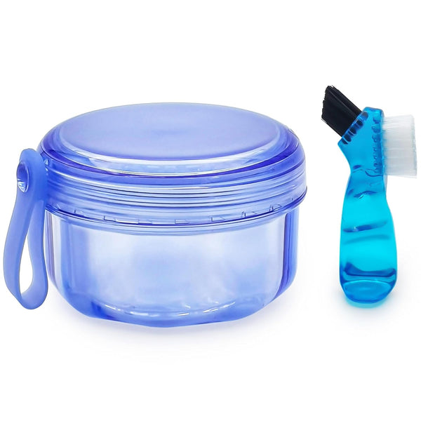 No Leak Partial Denture Case, Retainer Bath Box with Strainer Basket and Brush, Transparent Blue for False Teeth